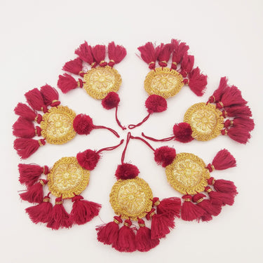 Set of 2 Embroidered Tassels, Maroon Red and Gold Tassels, Indian Tassels